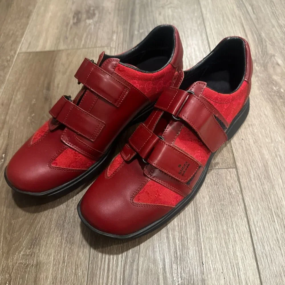 Vintage Gucci Red GG Monogram Canvas Velcro Strap Sneakers 9.5B 101 6129